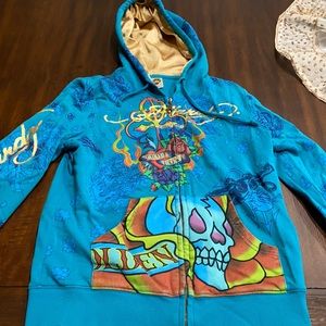 Vintage Ed Hardy by Christian Audigier. Jacket in size small. Turquoise & gold.